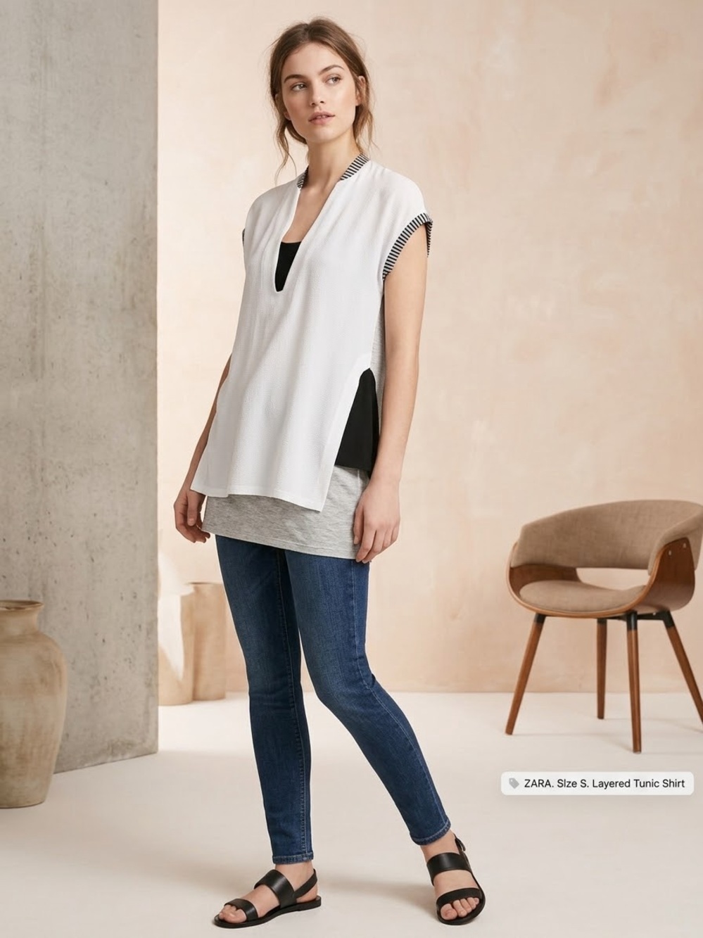 ZARA White Layered V-Neck Tunic with Black Insets
